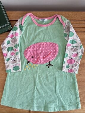 Baby Boden Bird Appliqué Dress 18M Green Pink Long Sleeve Whimsical Cottagecore